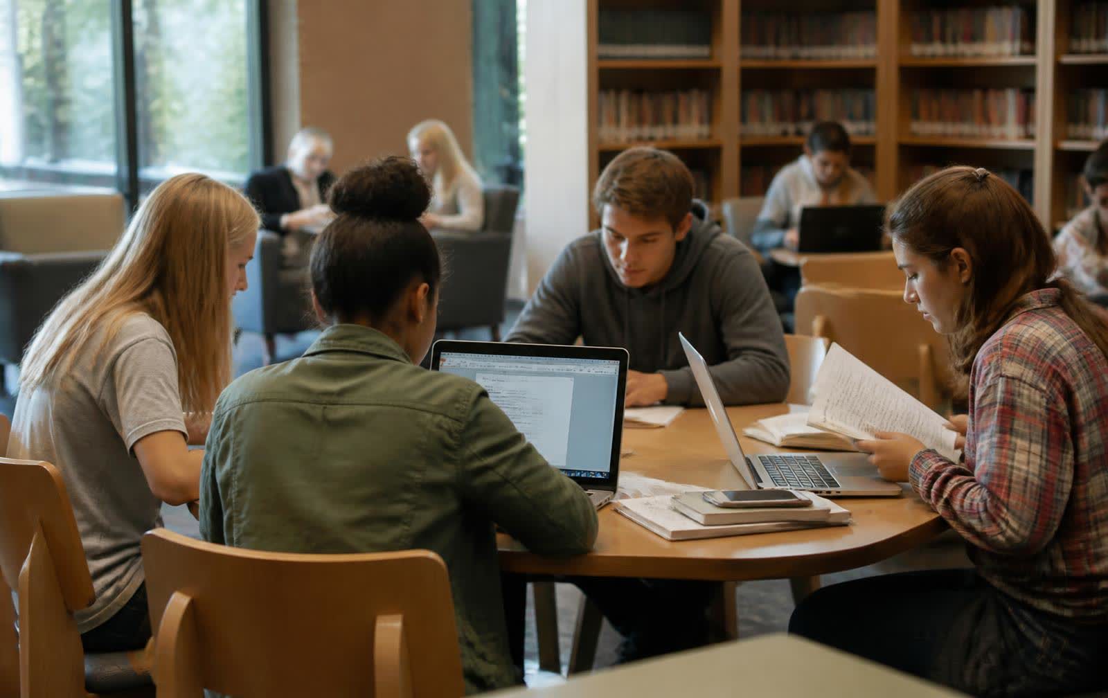 Students studying with laptops and books in a school library