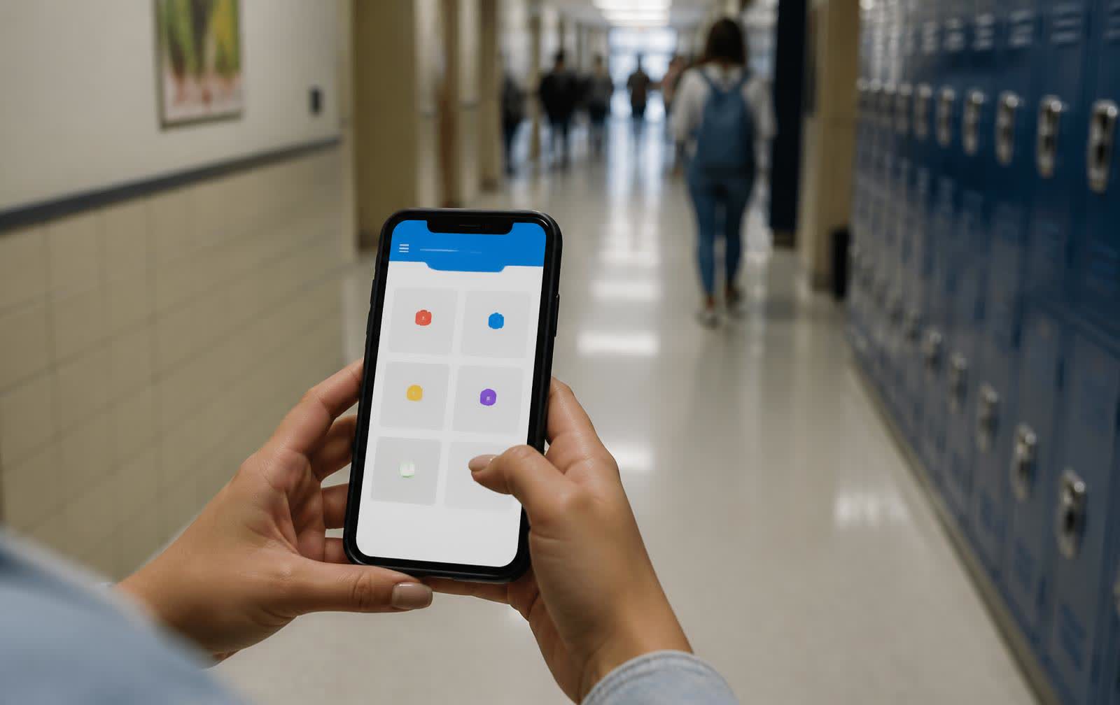 A student holding a smartphone showing a school app in a school corridor
