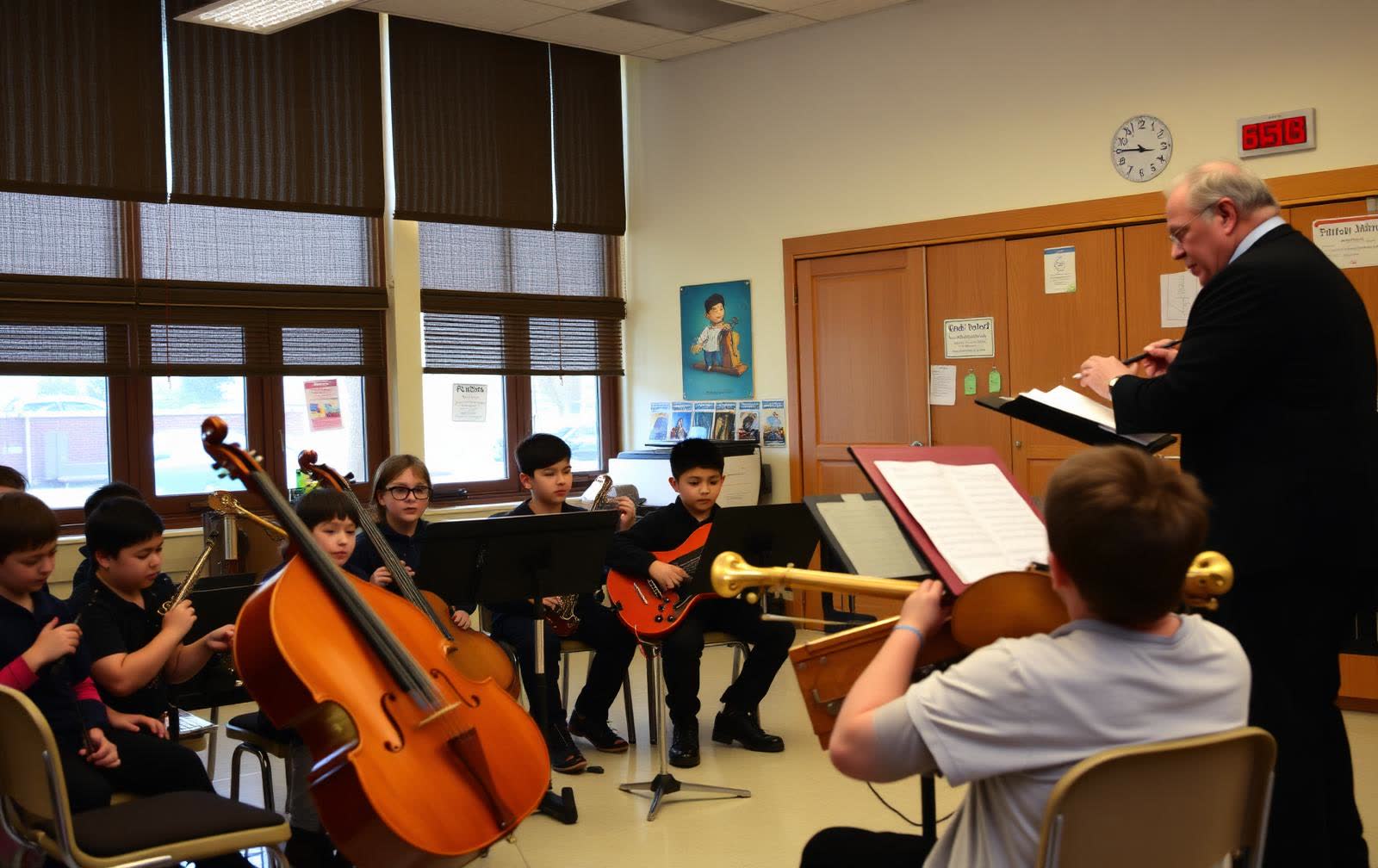 Students playing instruments in a school music room