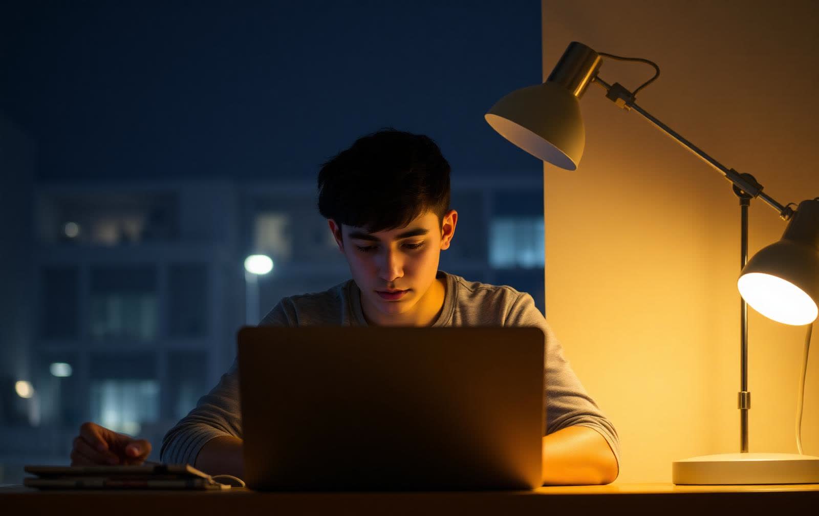Student studying late at night with a laptop and desk lamp