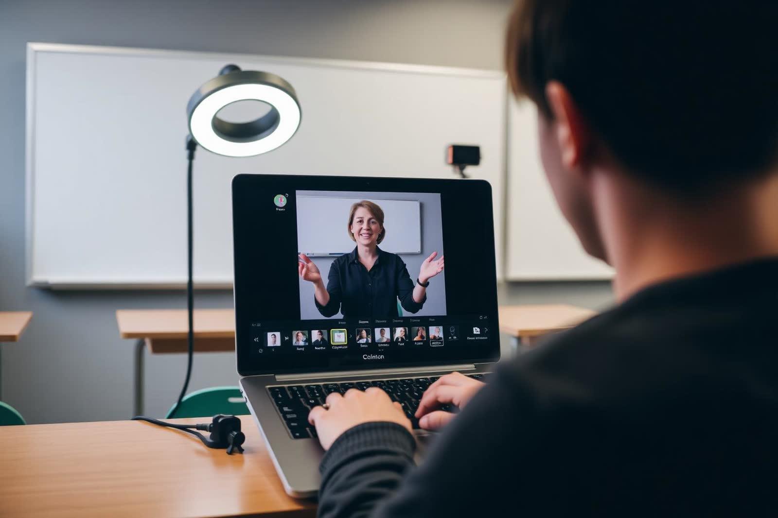 Teacher delivering an online lesson from a classroom with a webcam
