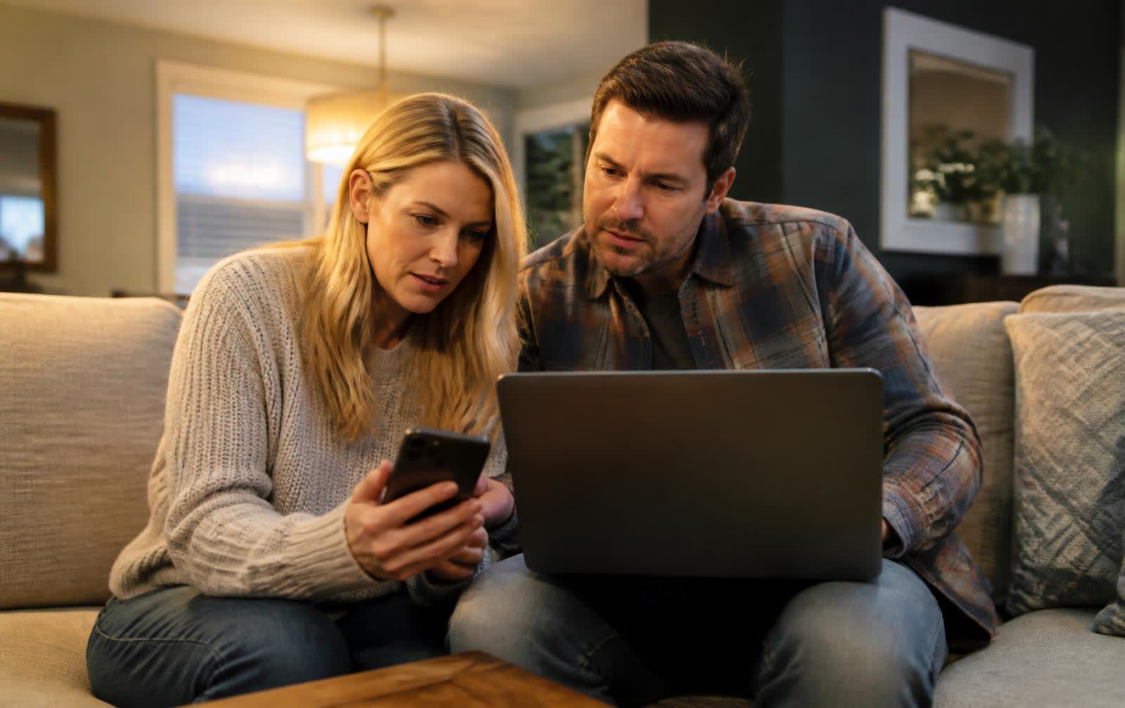 Two parents at home reviewing their child's school portal on a phone and laptop