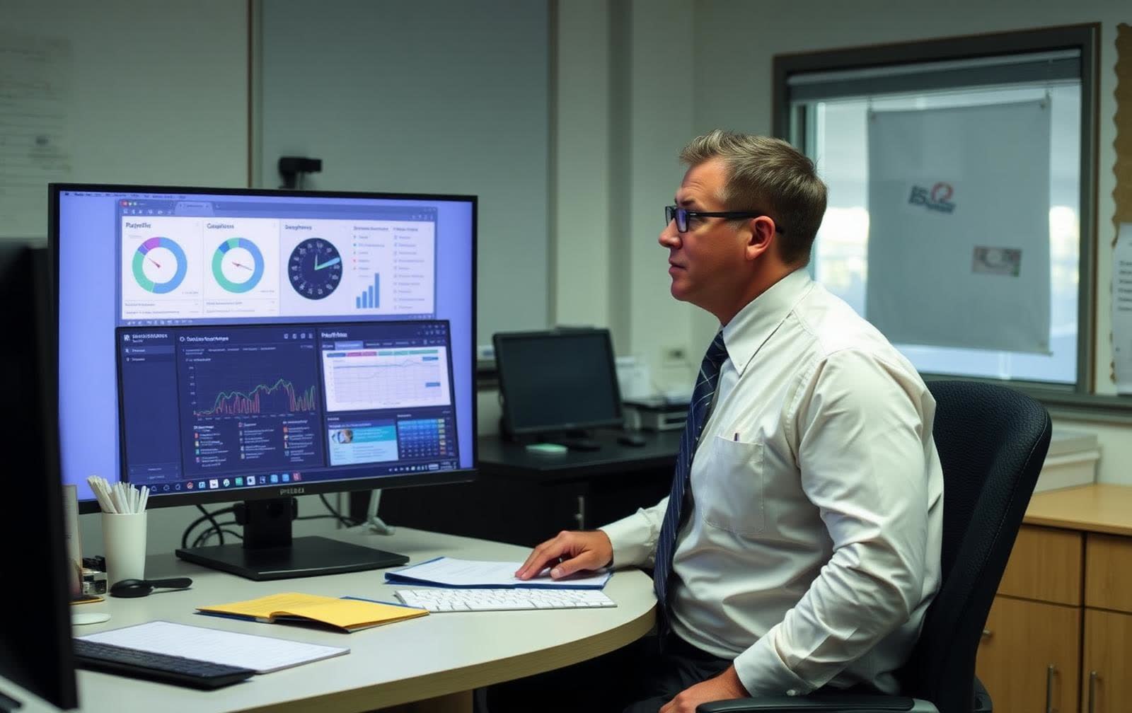 School principal reviewing dashboards in an office