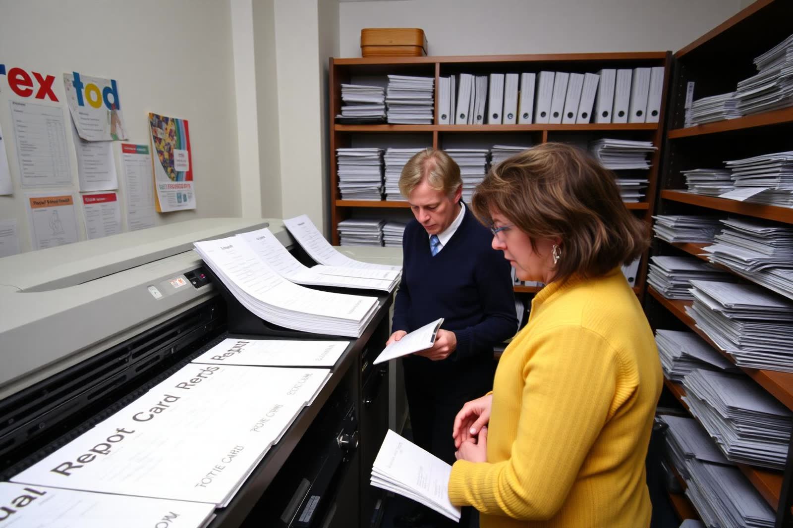 Administrator collating printed report card booklets in a school print room