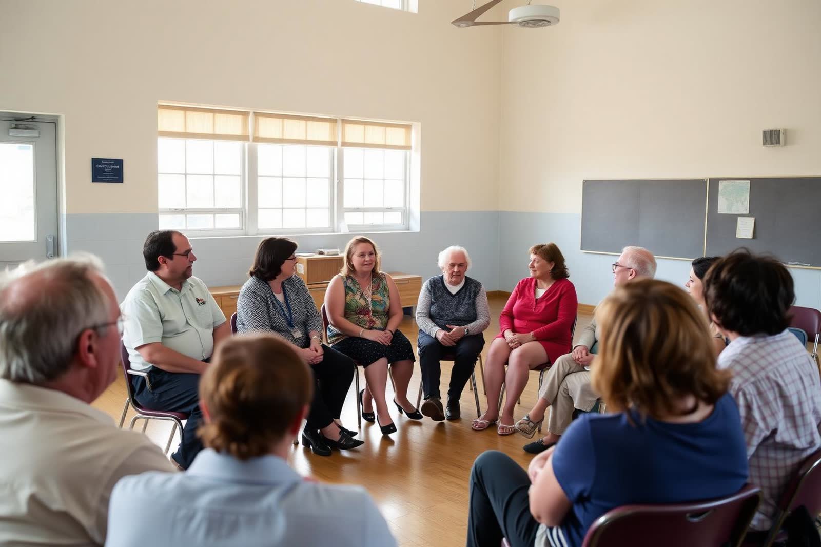 Parents and staff seated in a circle during a PTA meeting in a school hall