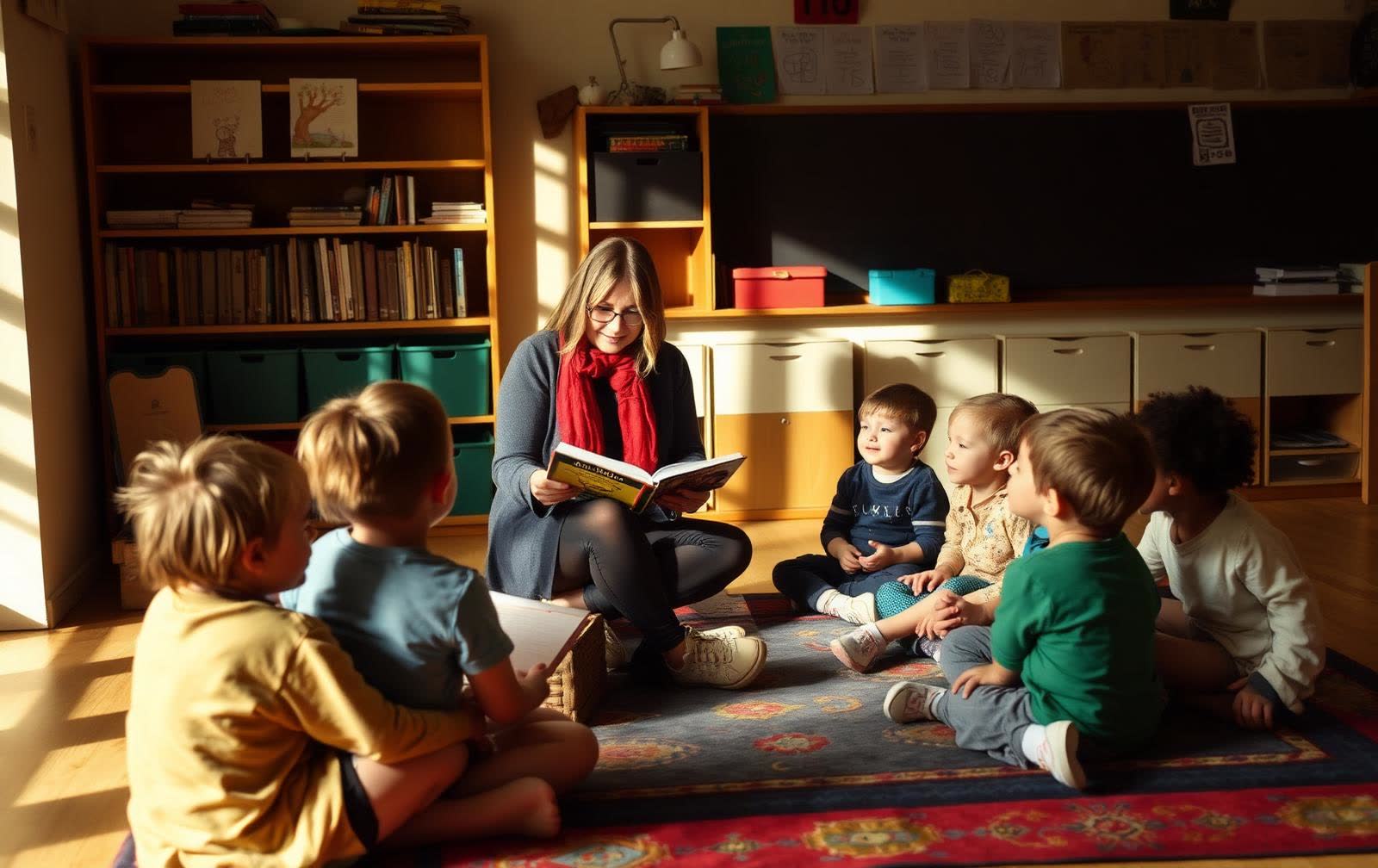 Teacher reading a story to young children in a classroom reading corner