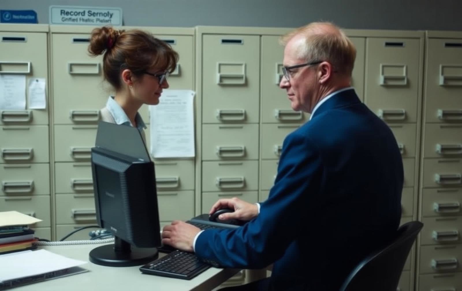 Registrar entering student records at a school office computer