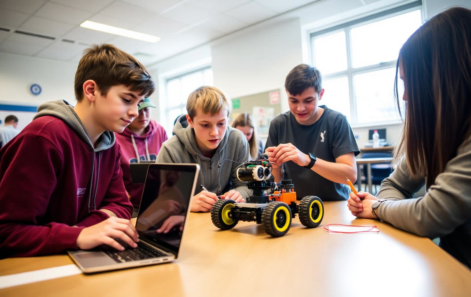 Students building a robot in a school club