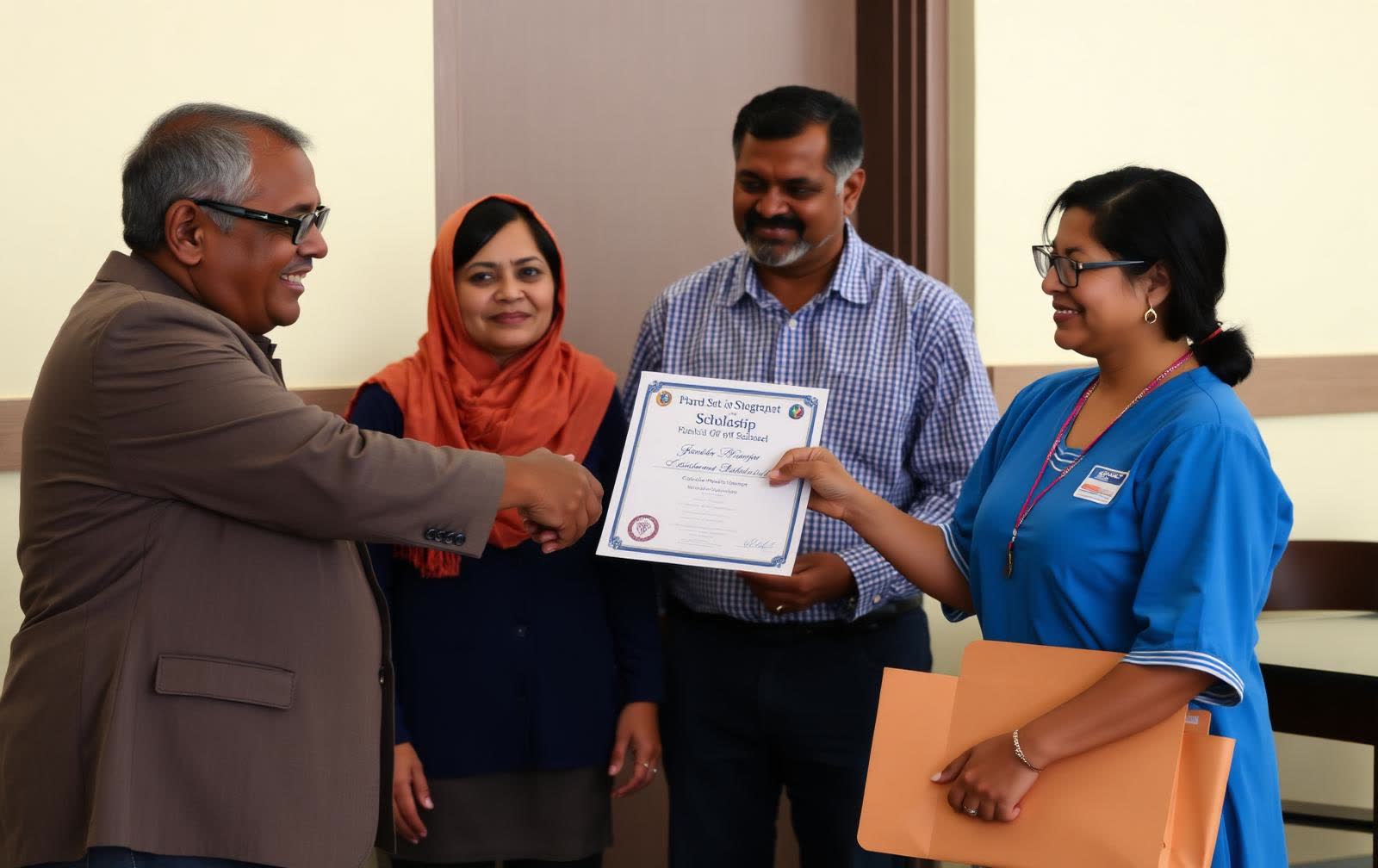 Student receiving a scholarship certificate from a school leader