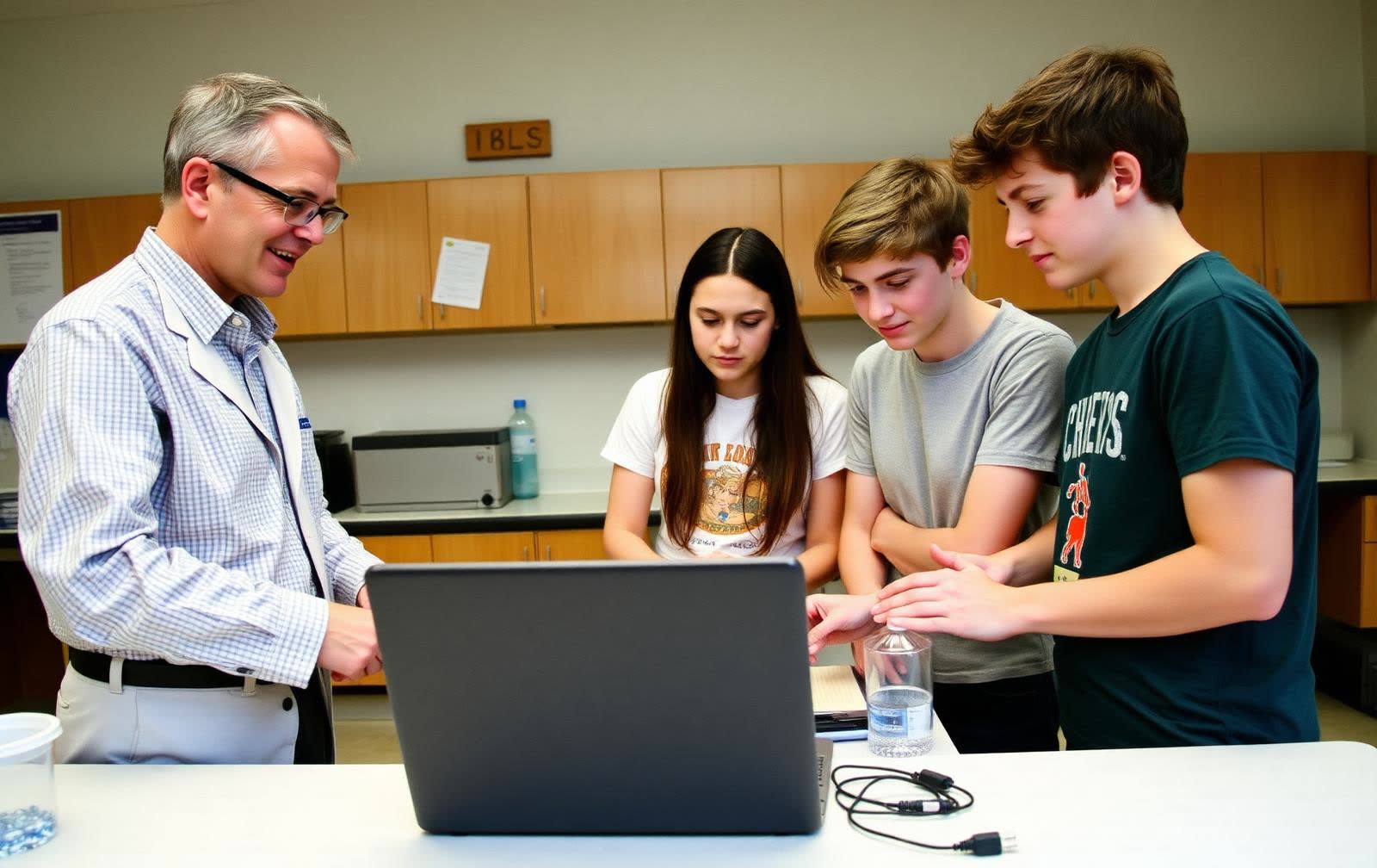 Students running an experiment in a school science lab