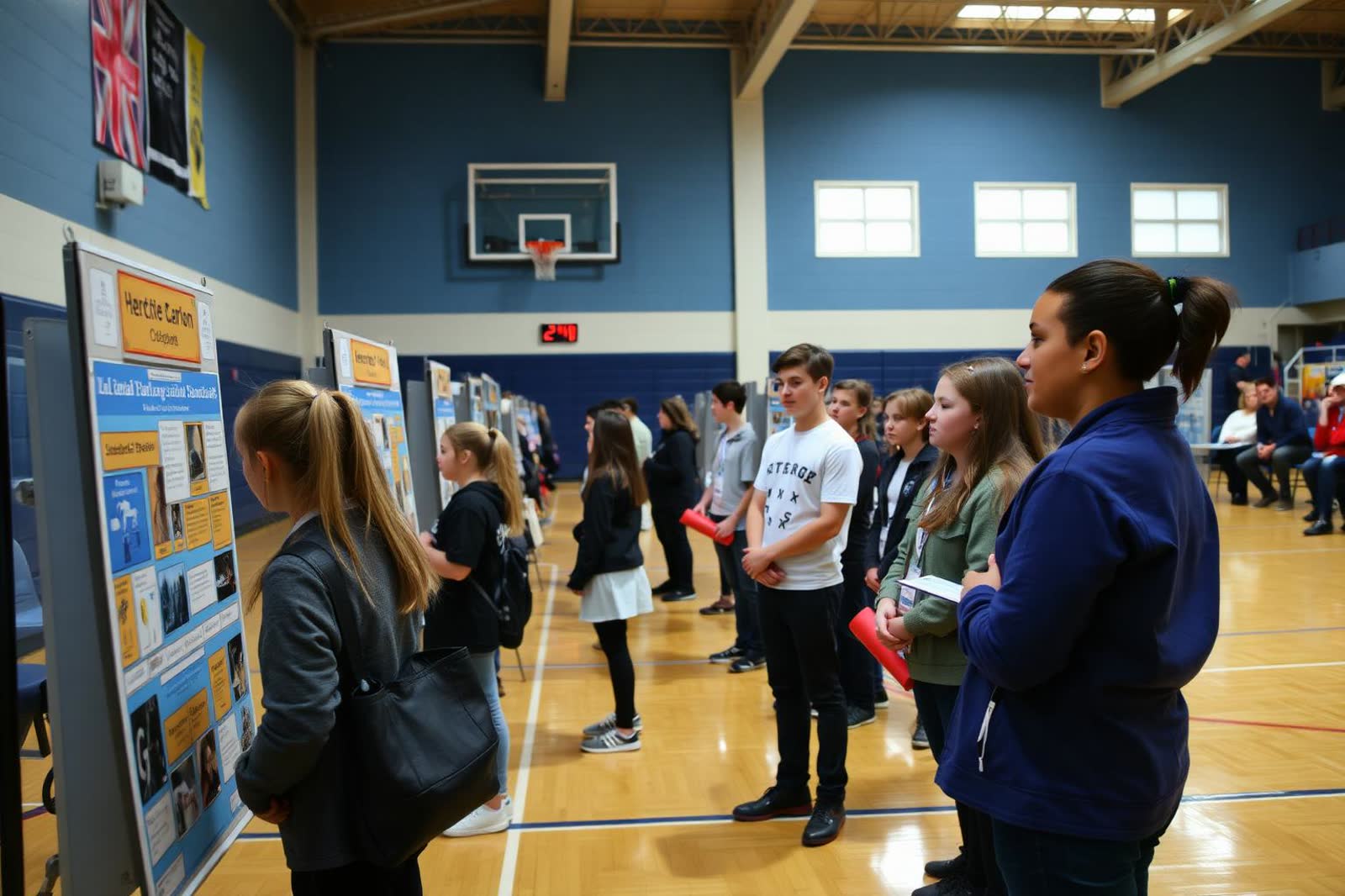 Students presenting project boards to judges at a school science fair