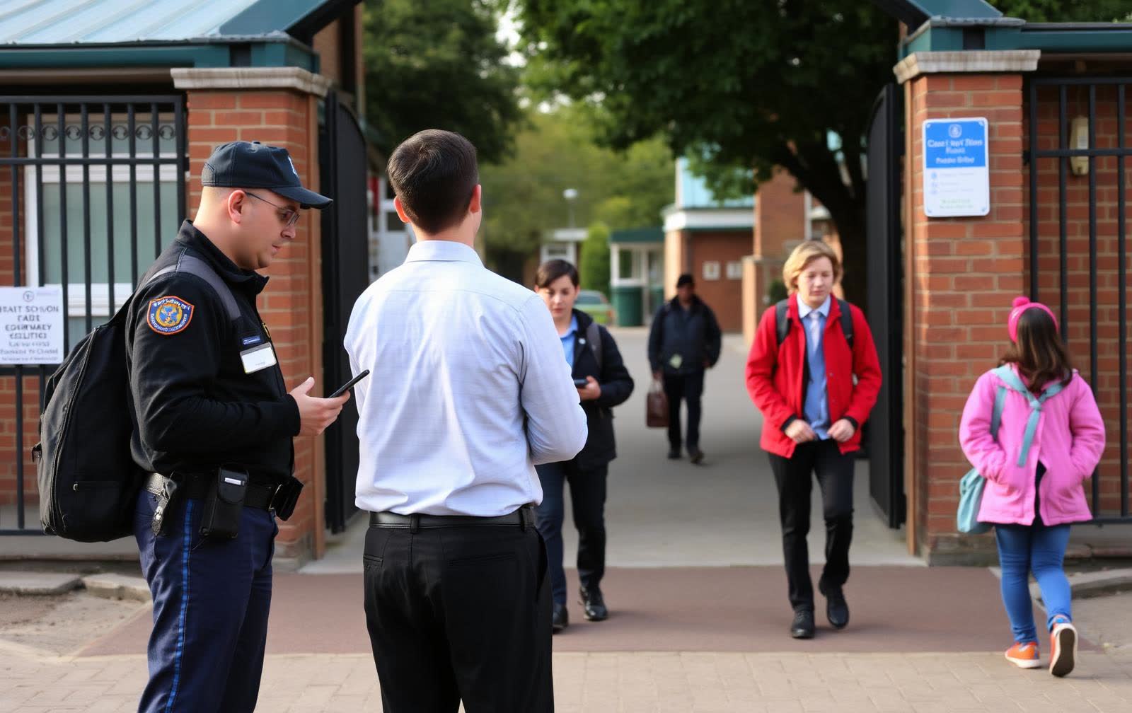 Security officer checking visitors at a school gate