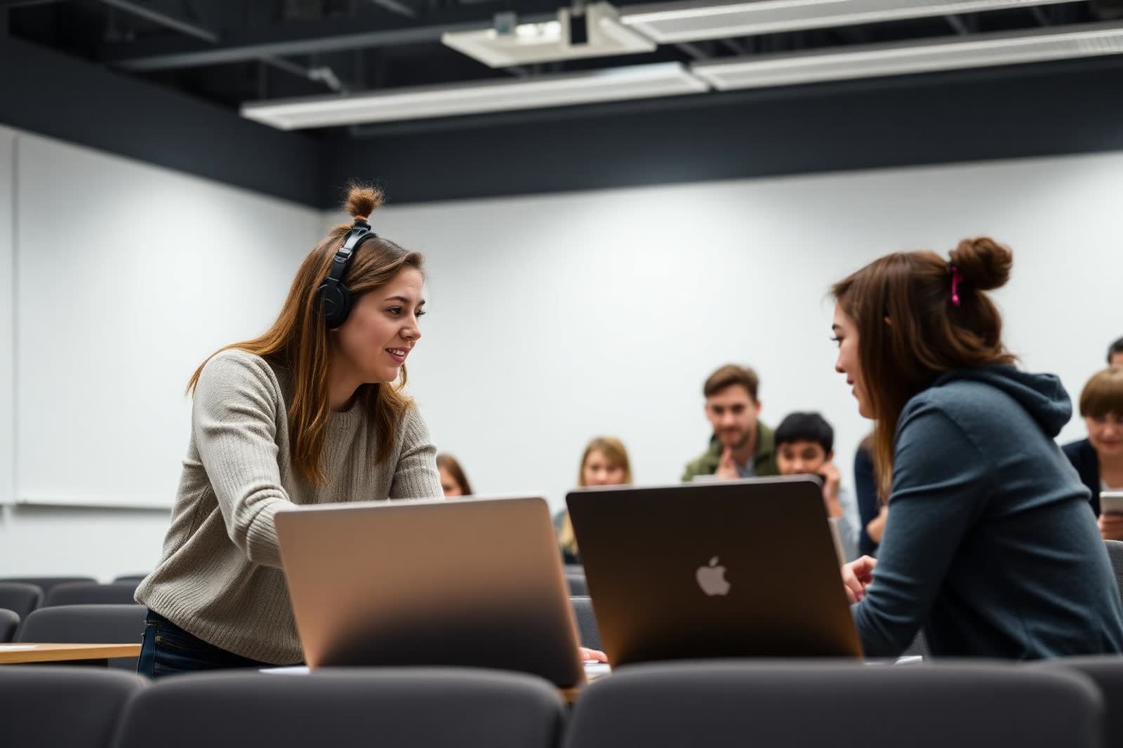 University lecturer helping students with laptops in a seminar room