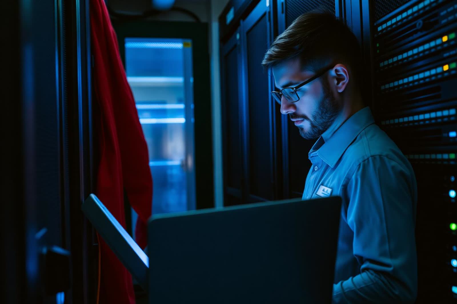 School IT administrator checking network switches in a server room