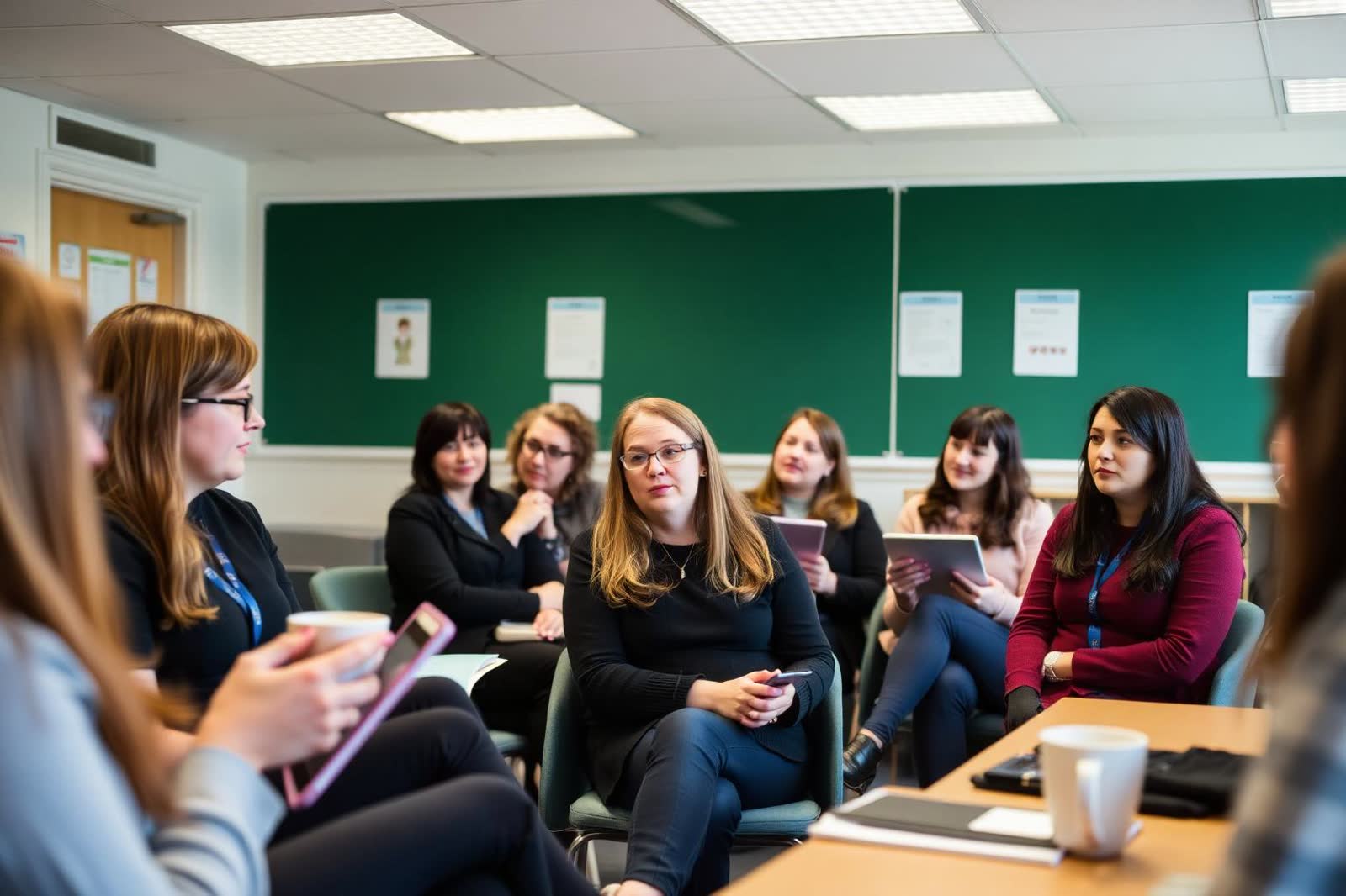 Teachers listening during a morning staff briefing in a staffroom