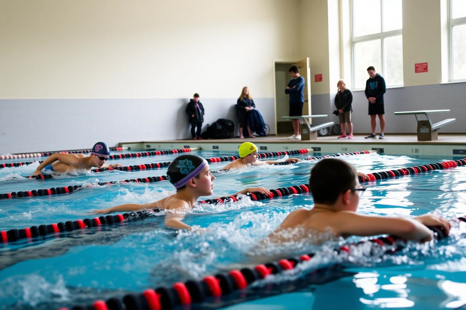 Students racing during a school swimming gala while teachers time from poolside
