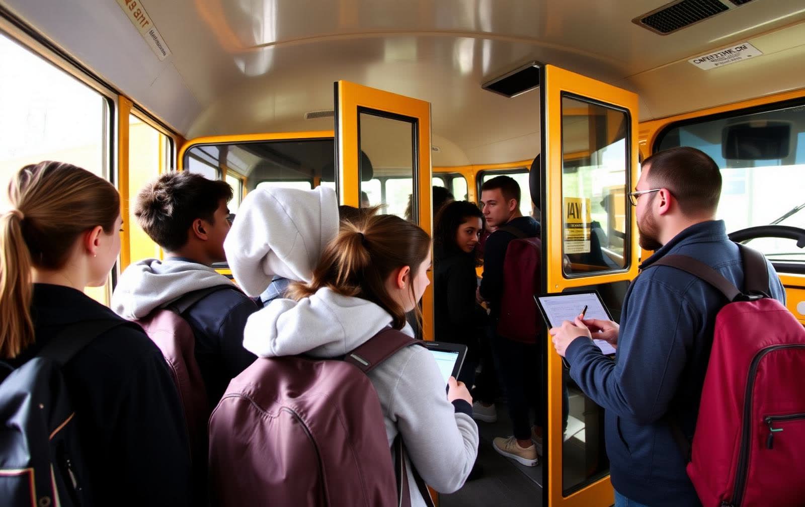 Pupils boarding a school bus in the morning