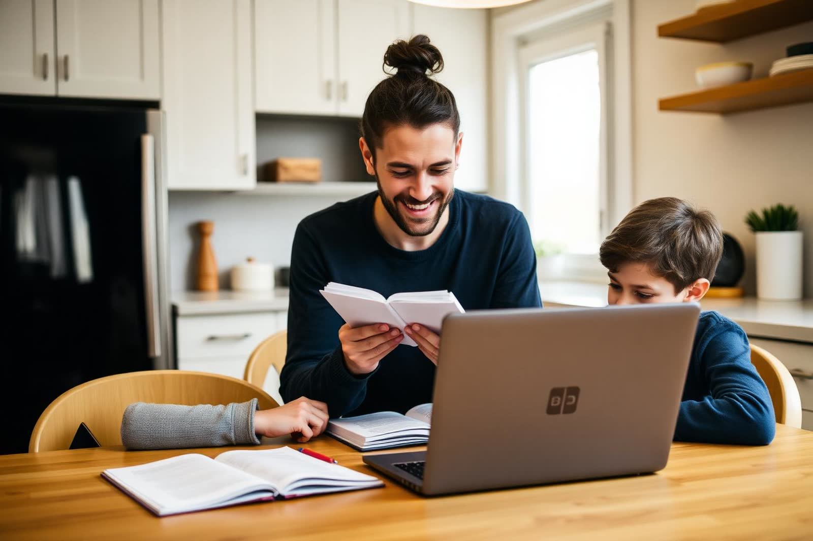 A tutor teaching one student at a kitchen table with a laptop