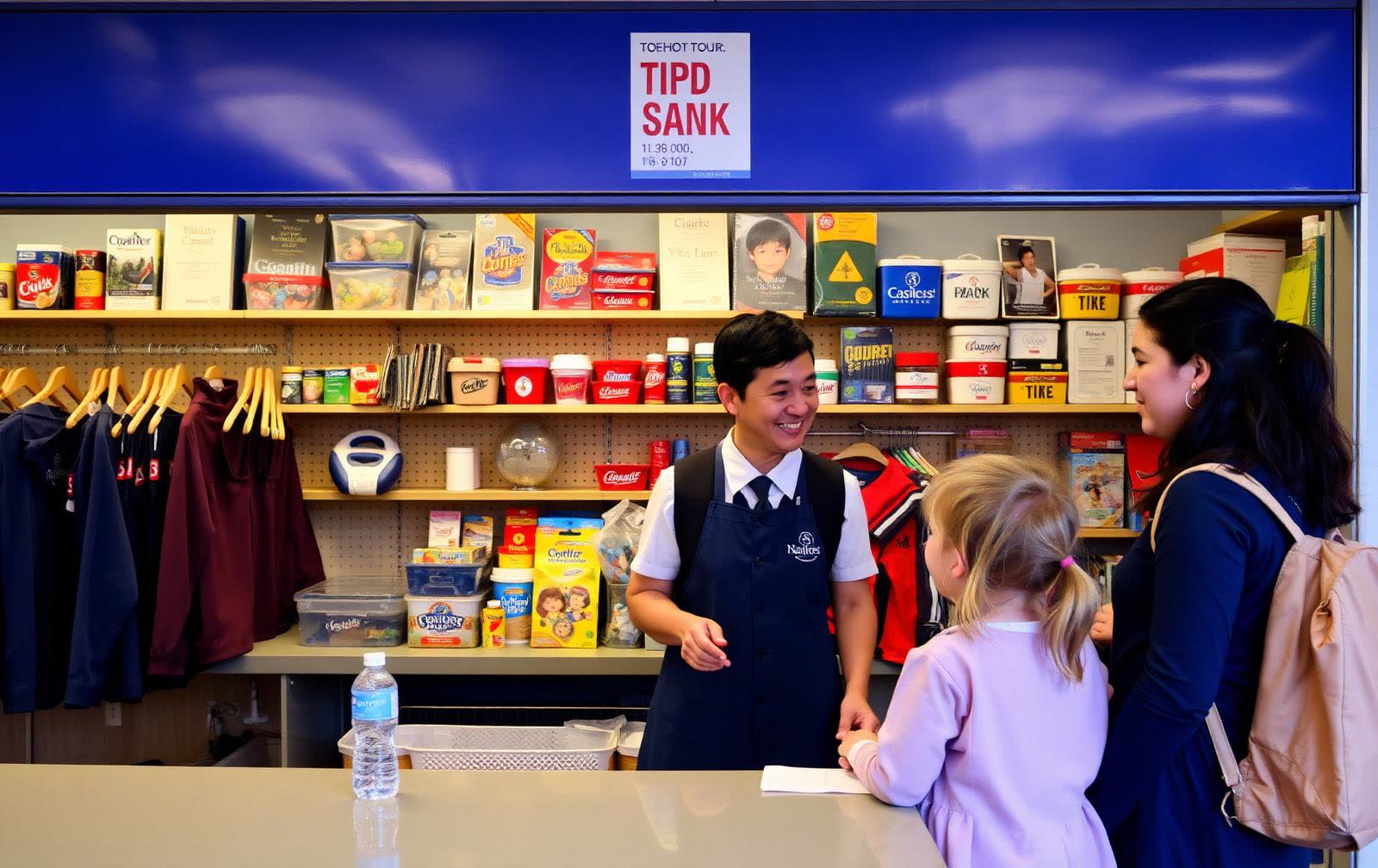 Parent and child at a school uniform shop counter