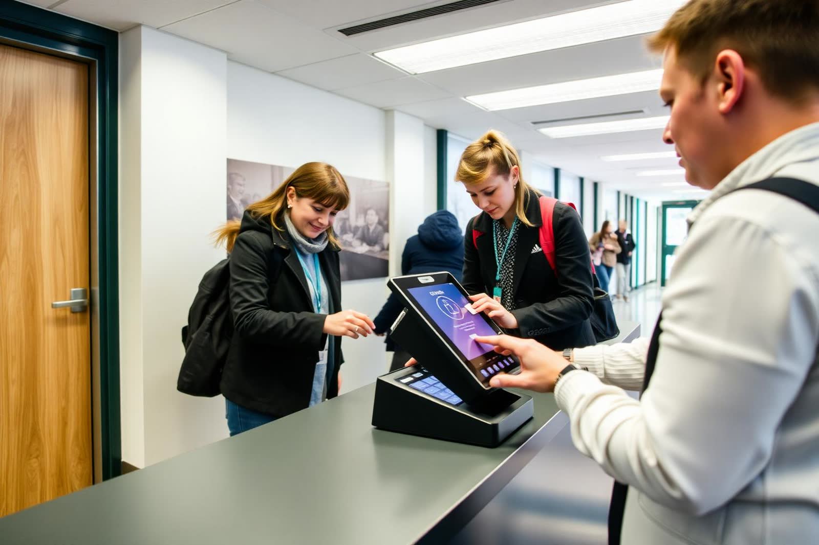 Visitors signing in on a tablet kiosk at a school reception desk
