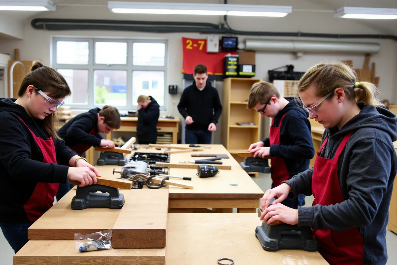 Teenagers using hand tools at benches in a school design technology workshop